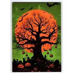 Vintage Halloween Postcard with Spooky Tree & Jack-O'-Lanterns 5.5x4"